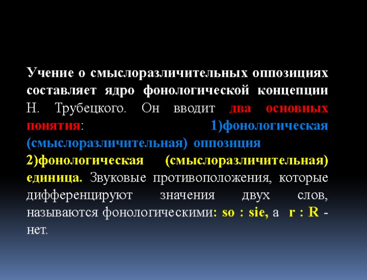 Учение о смыслоразличительных оппозициях составляет ядро фонологической концепции Н. Трубецкого. Он вводит два основных